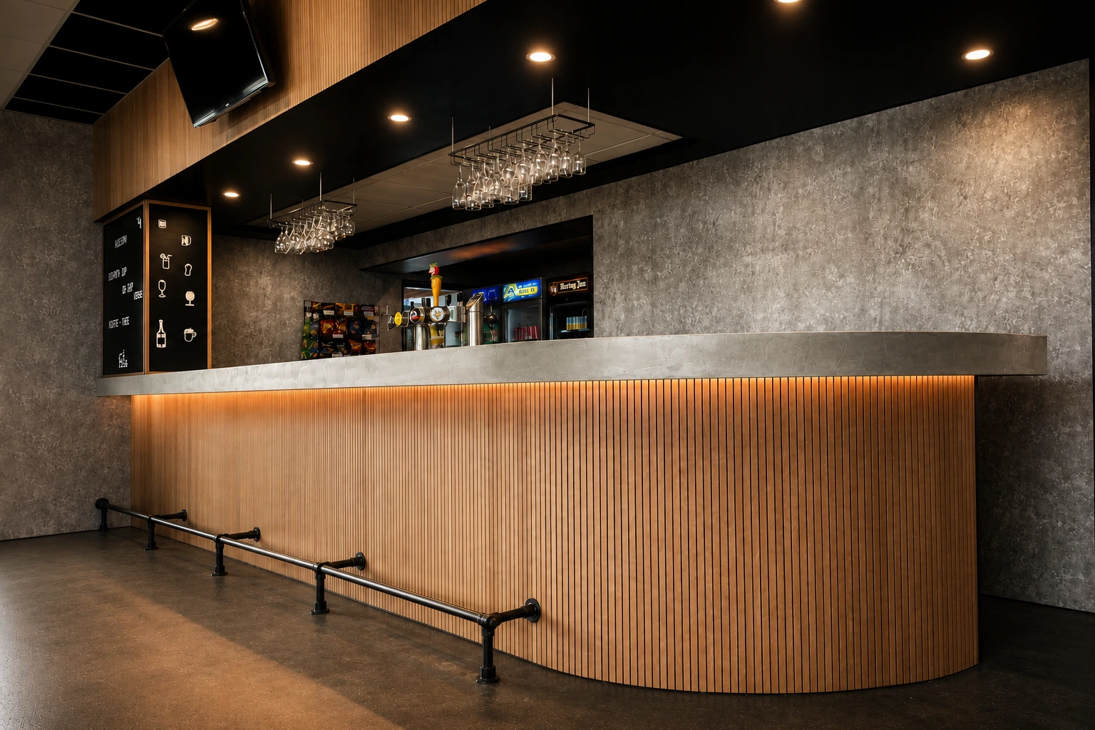 Nieuwe bar met houten latten, betonlook blad en LED-verlichting
